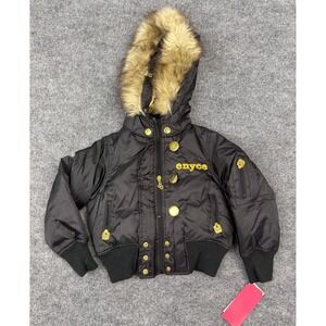 Kids Enyce Vintage Black Hooded Bomber‎ Jacket Faux Fur Gold Sequins Embellished